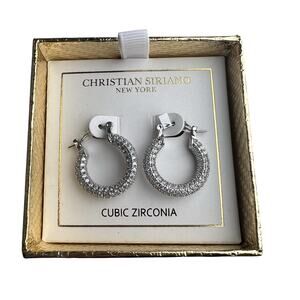 Christian Siriano NY Silver Tone Pave CZ Hoop Pierced Earrings NIB New